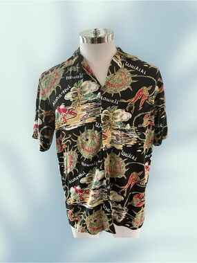 Two Palms Straw Hat Allover Print Mens Sz M Short Boxy Fit Hawaiian Rayon Shirt